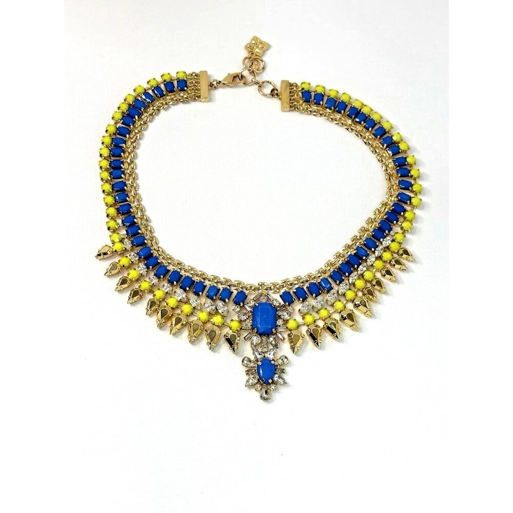 BCBGMAXAZRIA Blue & Yellow Crystal Bib Statement Necklace Gold Chain Retired